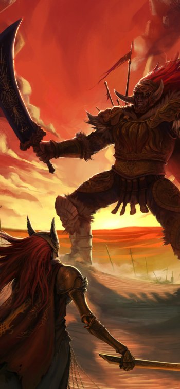 Elden Ring-inspired phone wallpaper featuring the epic battle between Malenia Blade of Miquella and Starscourge Radahn under a dramatic red sky.