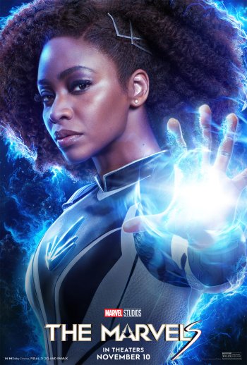 A striking phone wallpaper featuring Teyonah Parris as a superhero in The Marvels, showcasing her powerful pose against a dynamic energy backdrop. In theaters November 10.