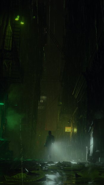 Alan Wake 2 themed phone wallpaper featuring a mysterious figure with a flashlight in a dark, rainy alleyway.