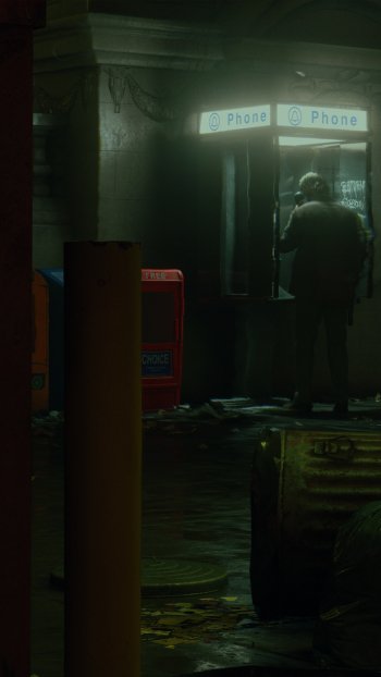 A mysterious, atmospheric scene from Alan Wake 2 featuring a figure at a dimly lit phone booth, surrounded by urban decay—an intriguing wallpaper for any fan of the game.
