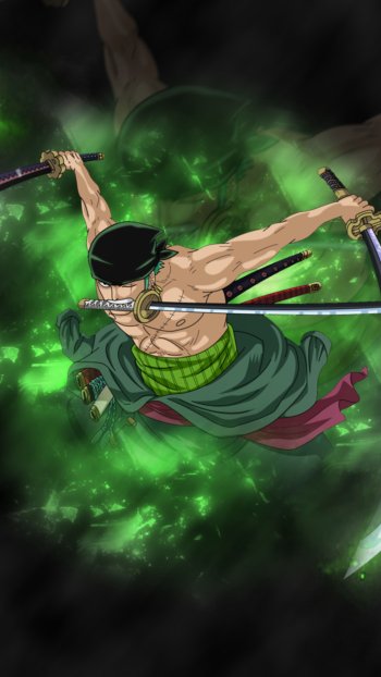 Roronoa Zoro from One Piece leaping with three swords amid swirling green mist — dynamic anime phone wallpaper that works on iPhone and Android phones.