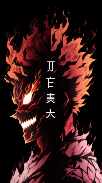 Phone wallpaper of a fiery demon illustration with intense eyes and flames, featuring Japanese characters.