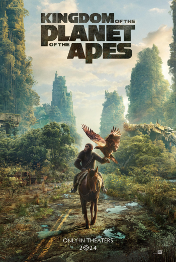 Kingdom of the Planet of the Apes movie wallpaper featuring an ape on horseback in a lush forest landscape with a bird flying nearby, available in theaters in 2024.