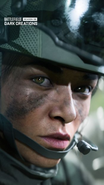 Battlefield 2042 game character close-up for mobile wallpaper with Dark Creations logo