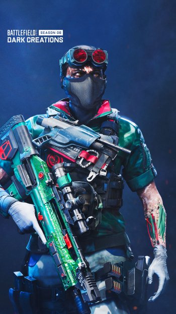 Battlefield 2042 themed phone wallpaper featuring a futuristic soldier with red goggles and advanced weaponry.