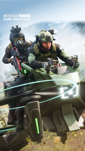 A dynamic phone wallpaper from Battlefield 2042, featuring two soldiers riding a futuristic vehicle through a vibrant landscape, showcasing intense action and adventure.