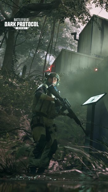 Battlefield 2042 Dark Protocol themed phone wallpaper featuring a soldier in gear ready for combat amidst a foggy forest setting.