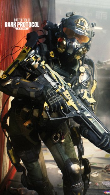 Phone wallpaper featuring a Battlefield 2042 Dark Protocol soldier in tactical gear with a futuristic weapon ready for action.