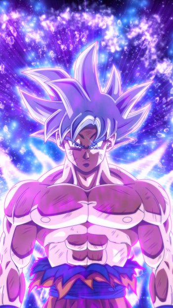 Goku in Ultra Instinct (Dragon Ball Super) with silver hair and a purple-blue aura, bare-chested and intense — vertical anime phone wallpaper for iPhone and Android.