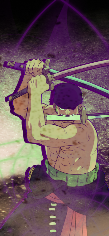 Phone wallpaper featuring Roronoa Zoro from the anime One Piece, depicted in a dynamic pose wielding three swords, designed for both iPhones and Android devices.