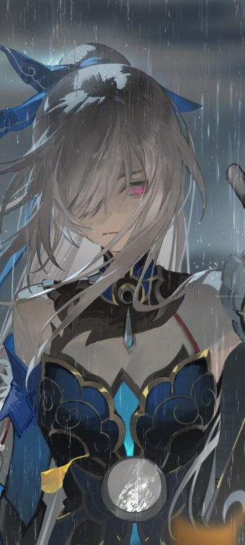 Phone wallpaper featuring Jingliu from the video game Honkai: Star Rail under rain with detailed armor and flowing hair, designed for iPhone and Android screens.