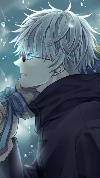 Anime phone wallpaper of Satoru Gojo from Jujutsu Kaisen, featuring a close-up profile with glowing blue eyes and silver hair against a moody background, compatible with iPhones and Android.