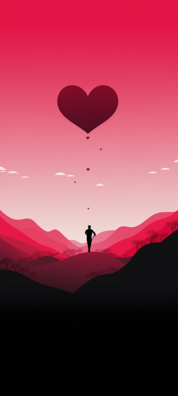 Valentine's Day themed phone wallpaper featuring a romantic silhouette of a person with a large heart balloon floating above them against a pink and red mountainous backdrop.