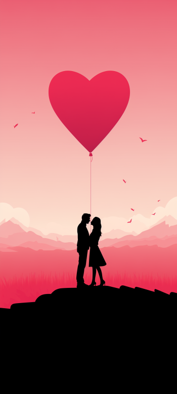 Romantic Valentine's Day phone wallpaper featuring a couple silhouette with a heart balloon against a pink sky.