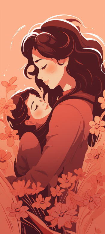 Mother's Day themed phone wallpaper featuring an illustrated mother and child embracing amidst floral designs.