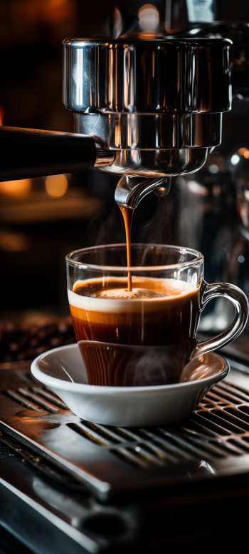 A close-up of rich espresso being poured into a glass cup, placed on a saucer, with steam rising, capturing the essence of coffee culture. A captivating phone wallpaper for coffee lovers.