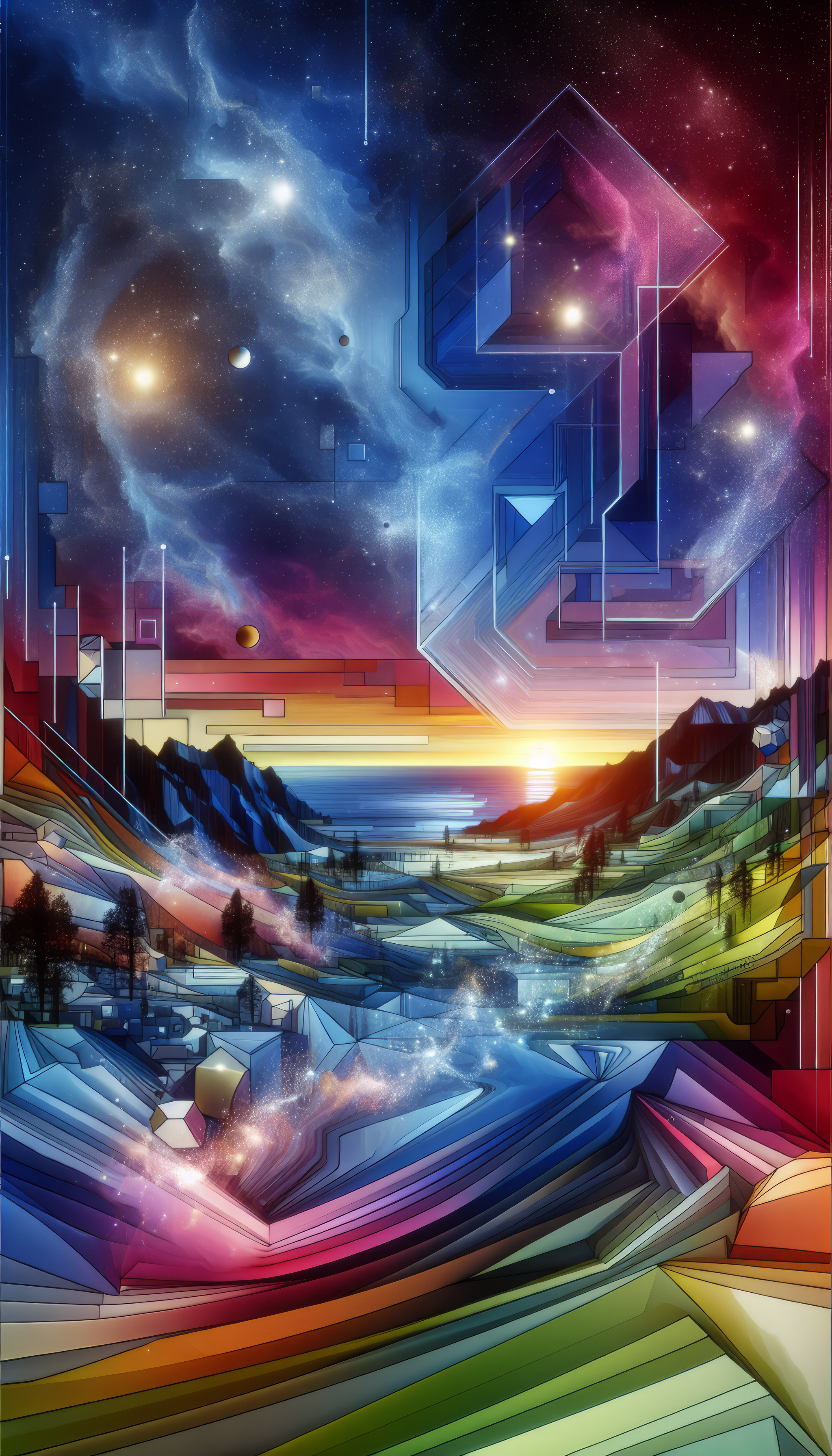 Colorful abstract polyscape phone wallpaper featuring geometric shapes and cosmic scenery.