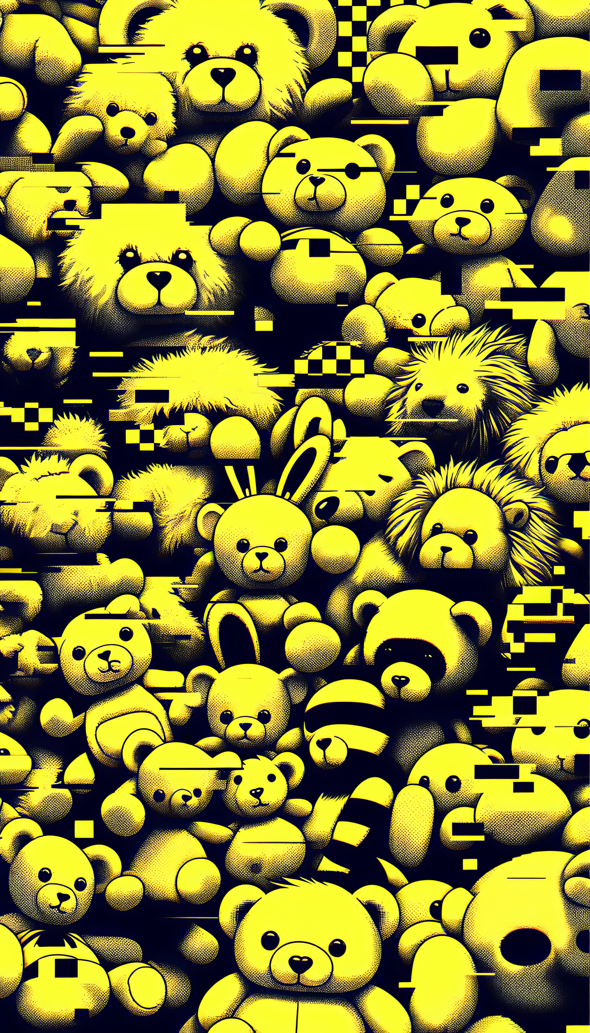 Trendy phone wallpaper featuring a variety of stuffed animal illustrations in a vibrant yellow color scheme, perfect for a playful and unique background.
