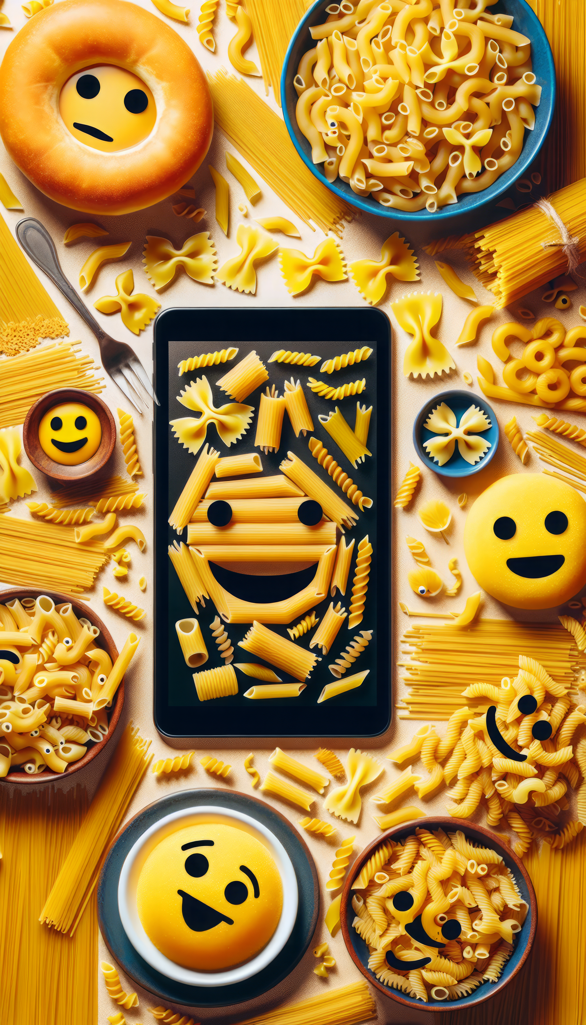 Creative pasta-themed phone wallpaper featuring an assortment of pasta shapes with smiling emoji faces on a vibrant yellow background.