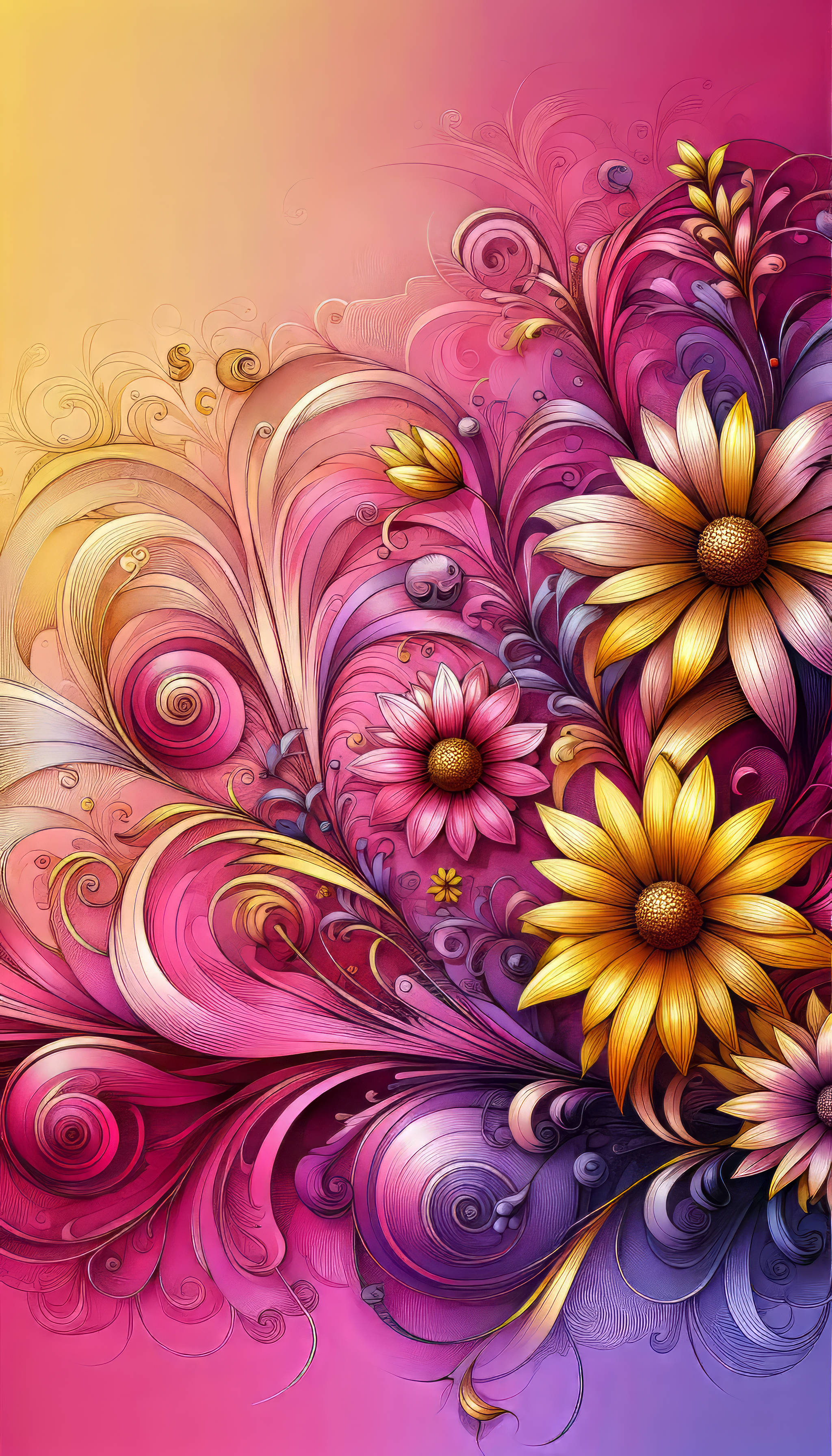 Artistic phone wallpaper featuring stylized yellow flowers with swirl patterns on a gradient pink and purple background.