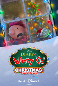 Diary of a Wimpy Kid Christmas: Cabin Fever themed phone wallpaper showing animated characters peeking through a festive, light-adorned window with logo and Disney+ release date.