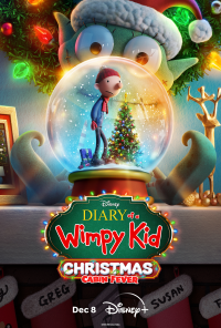 Phone wallpaper for 'Diary of a Wimpy Kid Christmas: Cabin Fever' featuring the main character inside a festive snow globe, with holiday decor and Disney+ release info.