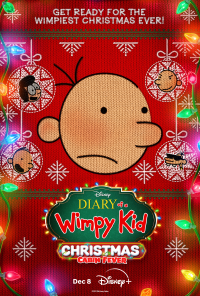 Diary of a Wimpy Kid Christmas Cabin Fever phone wallpaper featuring the character Greg Heffley surrounded by festive holiday decorations and lights, with the release date December 8 on Disney+.