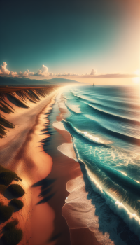 Seashore at sunset with golden light on the beach and waves, phone wallpaper format.