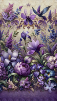 Elegant purple flower-themed wallpaper featuring a variety of blooms and flying birds, perfect for phone screens.