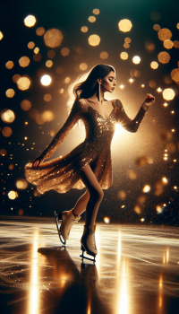 Elegant ice skater in a glittering costume performing on ice with golden bokeh lights, perfect for a phone wallpaper with an ice skating theme.