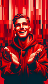 Smiling man with hands together in a grateful gesture on a red abstract background, ideal for a thank-you themed phone wallpaper.