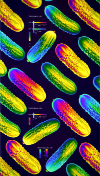 Colorful thermal imaging style pickles on a dark background, designed for phone wallpaper.