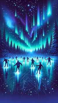 Phone wallpaper depicting silhouettes ice skating on a frozen lake under a starry sky with northern lights.