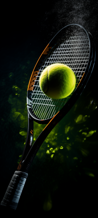 Mobile wallpaper featuring a dynamic tennis racket and ball with a vivid dark background, ideal for tennis enthusiasts.