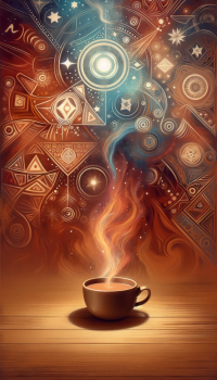 Mystical chai tea wallpaper with a steaming cup and celestial symbols on a warm background for phone screen.