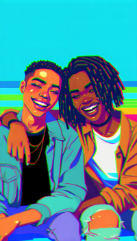 Two friends smiling together in a vibrant and colorful phone wallpaper illustration.
