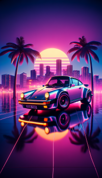 Porsche 911 illustration with retro neon aesthetics for a phone wallpaper, featuring a vibrant sunset, palm trees, and city skyline reflections.