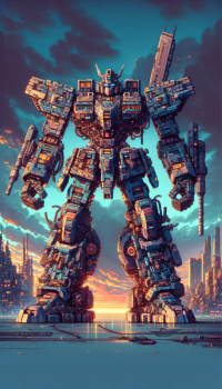 Futuristic mech robot concept art in a cityscape at sunset, ideal for phone wallpaper.