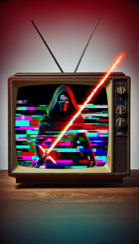Star Wars Sith phone wallpaper featuring a Sith Lord with a red lightsaber on a glitchy vintage television screen.