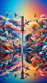 Vibrant samurai sword wallpaper with colorful, mythical Japanese-inspired scenery reflecting in water, perfect for mobile screens.