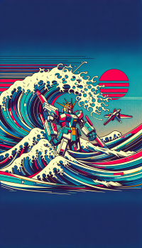 Vibrant phone wallpaper featuring a stylized wave with a retro anime robot surfing, under a stylized sun and starry sky, ideal for devices with vertical displays.