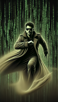 Digital artwork of a stylized character resembling Neo from The Matrix as a phone wallpaper, with iconic green digital rain code in the background.