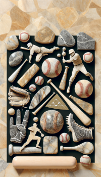Baseball-themed phone wallpaper featuring an artistic arrangement of baseballs, bat, glove, and player silhouettes on a stone backdrop.