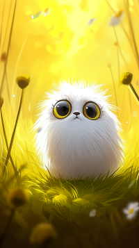 Cute fluffy white kitten with big eyes as a phone wallpaper with a sunny yellow floral background.