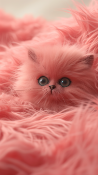 Cute fluffy pink cat nestled in matching feathers, ideal for a charming phone wallpaper.