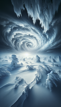 Dramatic blizzard-themed phone wallpaper with swirling snowstorm and icy landscape.
