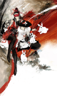 Naraka: Bladepoint game art featuring characters in traditional attire with white rabbits, designed for phone wallpaper.