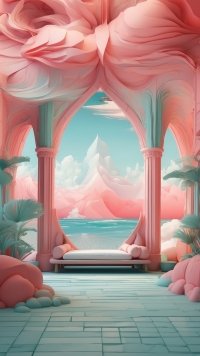 Fantasy landscape phone wallpaper featuring pink floral arches with a view of a mountain and sea.