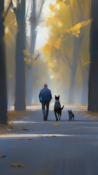 Phone wallpaper featuring a serene autumn scene with a person walking a dog among trees shedding golden leaves.