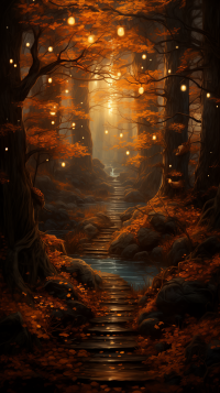 Enchanting autumn forest path wallpaper, with golden leaves and mystical lights setting a serene backdrop perfect for a phone screen.